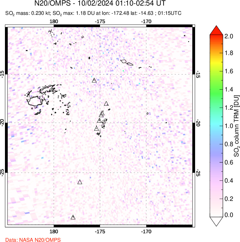 A sulfur dioxide image over Tonga, South Pacific on Oct 02, 2024.