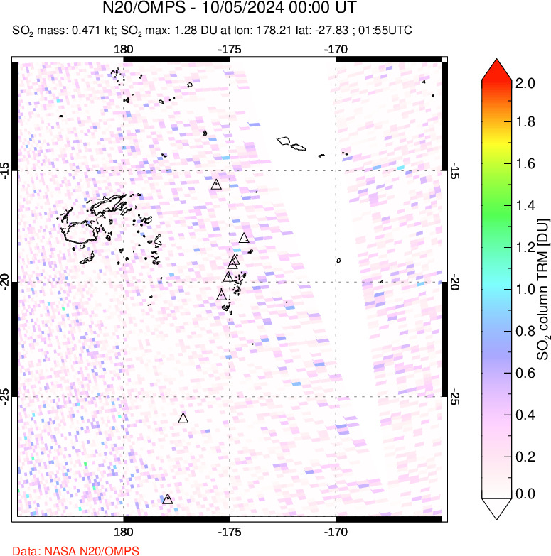 A sulfur dioxide image over Tonga, South Pacific on Oct 05, 2024.