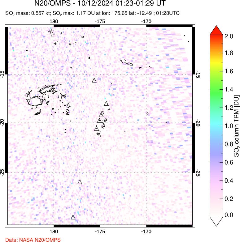 A sulfur dioxide image over Tonga, South Pacific on Oct 12, 2024.