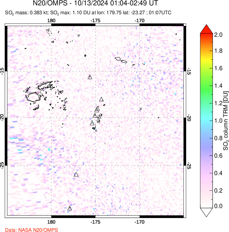 A sulfur dioxide image over Tonga, South Pacific on Oct 13, 2024.