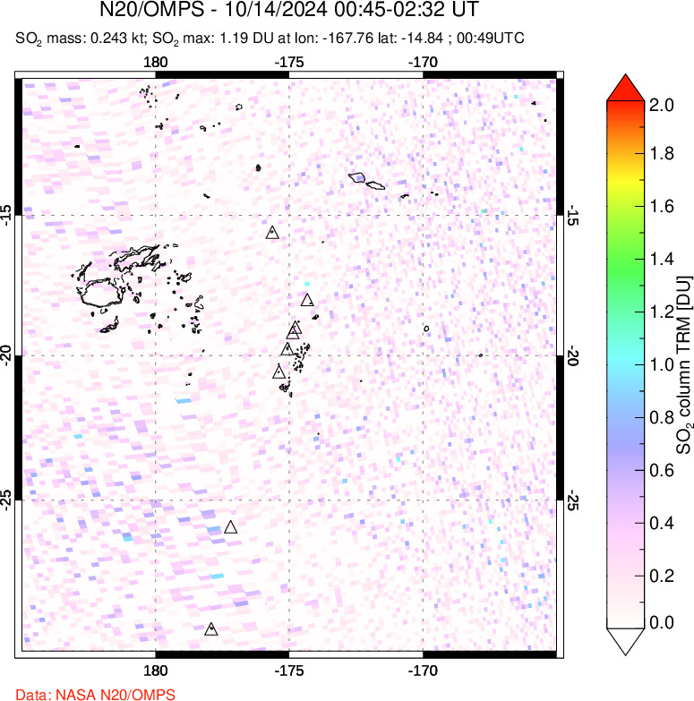 A sulfur dioxide image over Tonga, South Pacific on Oct 14, 2024.