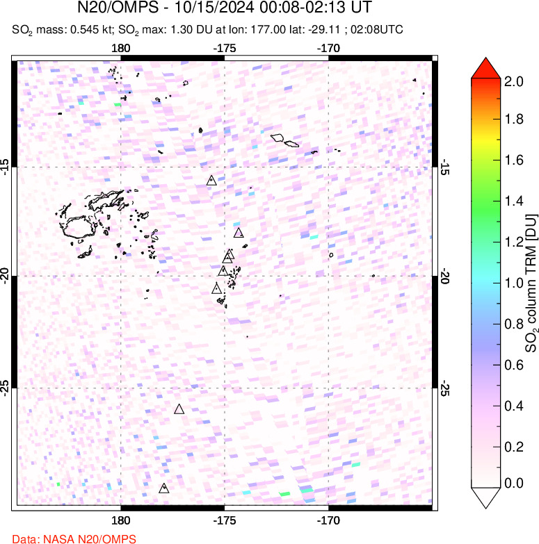 A sulfur dioxide image over Tonga, South Pacific on Oct 15, 2024.