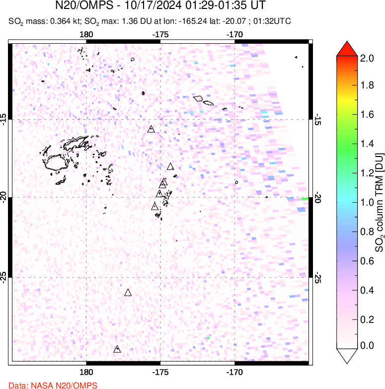 A sulfur dioxide image over Tonga, South Pacific on Oct 17, 2024.