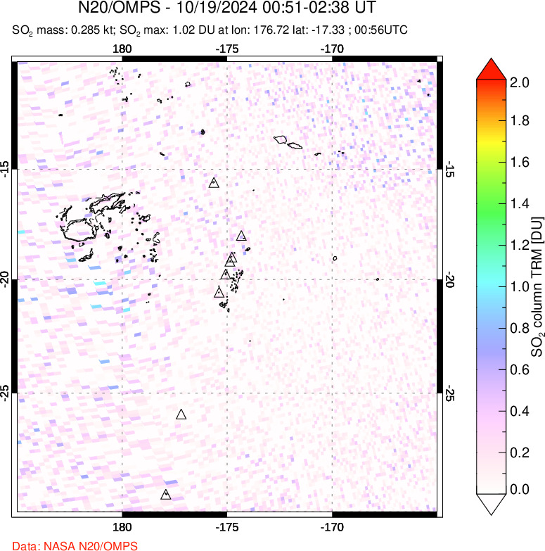 A sulfur dioxide image over Tonga, South Pacific on Oct 19, 2024.