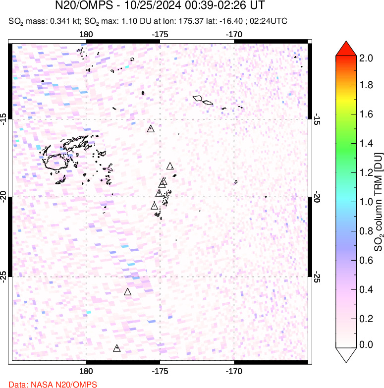 A sulfur dioxide image over Tonga, South Pacific on Oct 25, 2024.