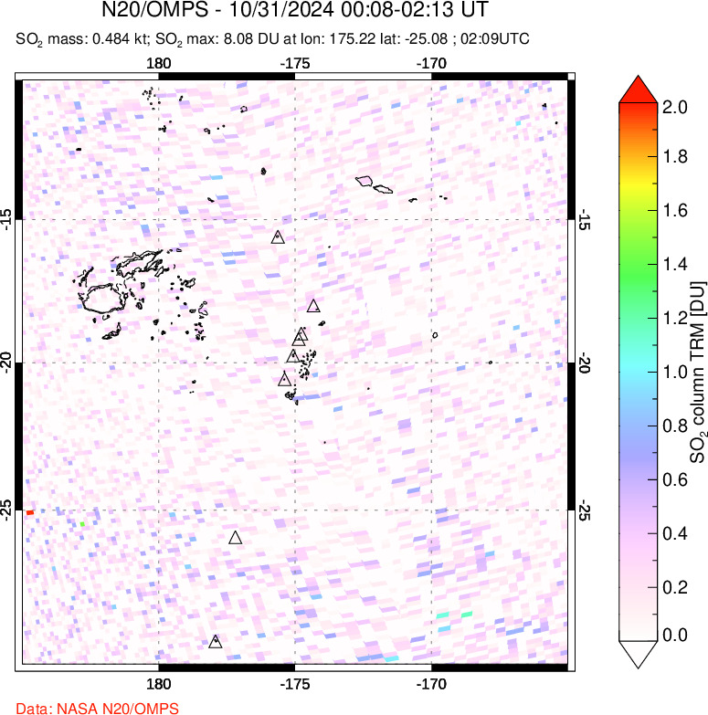 A sulfur dioxide image over Tonga, South Pacific on Oct 31, 2024.