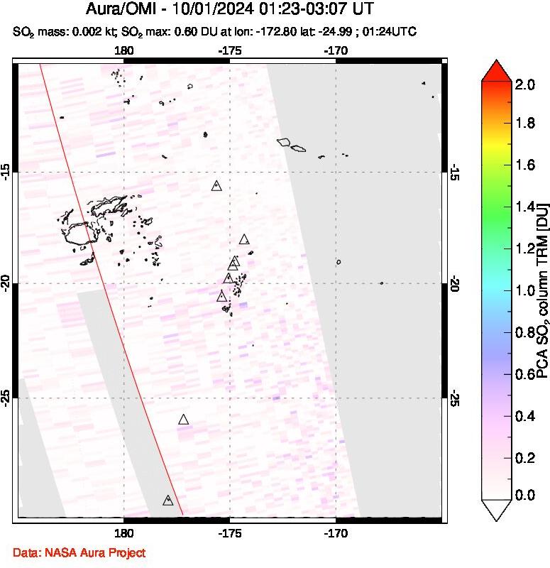 A sulfur dioxide image over Tonga, South Pacific on Oct 01, 2024.