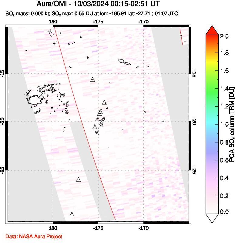 A sulfur dioxide image over Tonga, South Pacific on Oct 03, 2024.