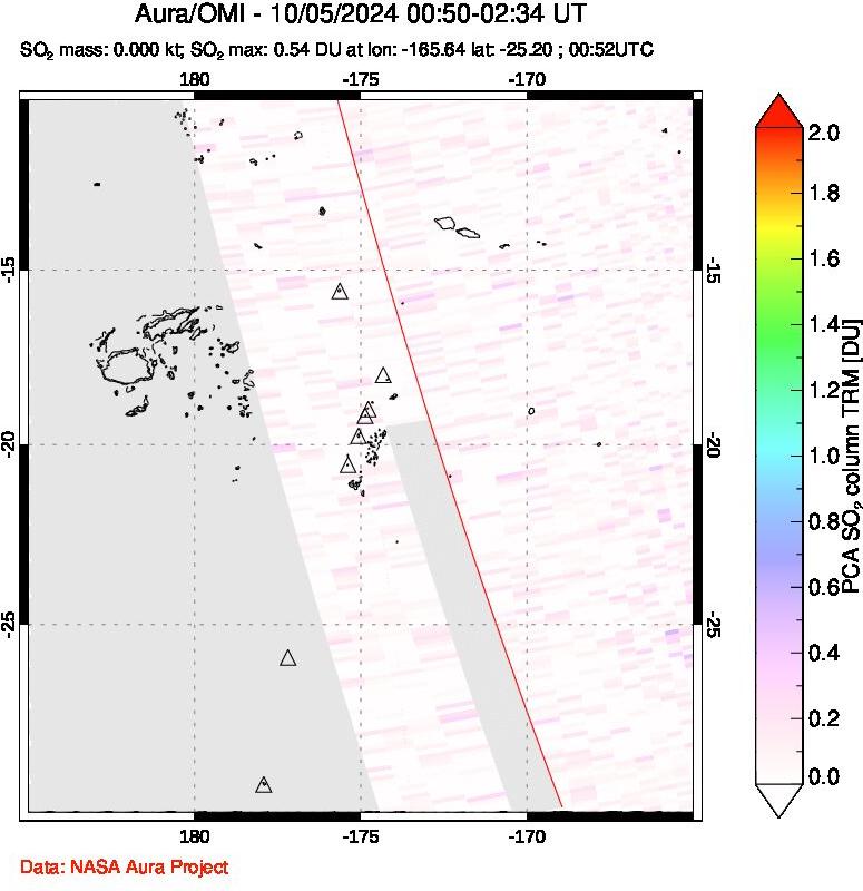 A sulfur dioxide image over Tonga, South Pacific on Oct 05, 2024.