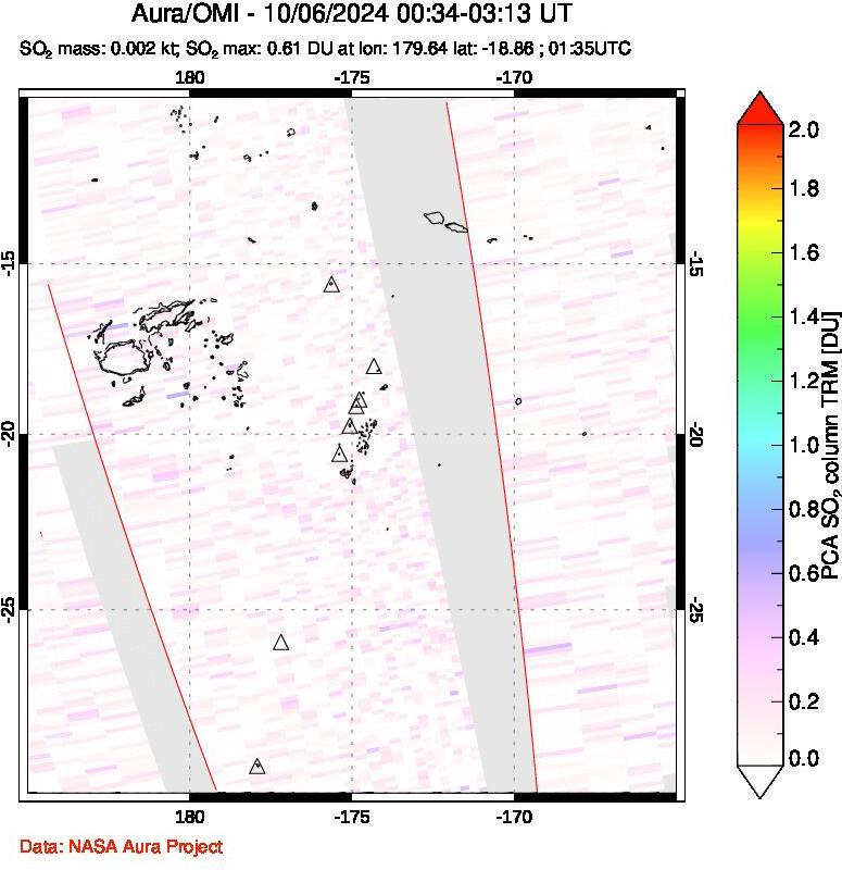 A sulfur dioxide image over Tonga, South Pacific on Oct 06, 2024.