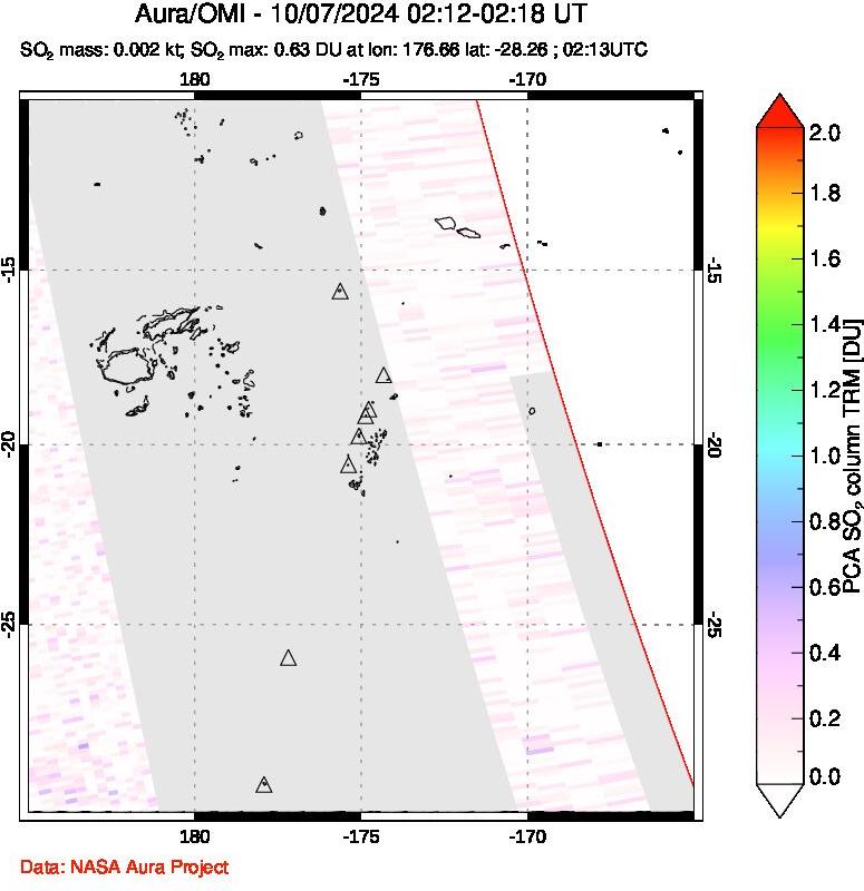 A sulfur dioxide image over Tonga, South Pacific on Oct 07, 2024.