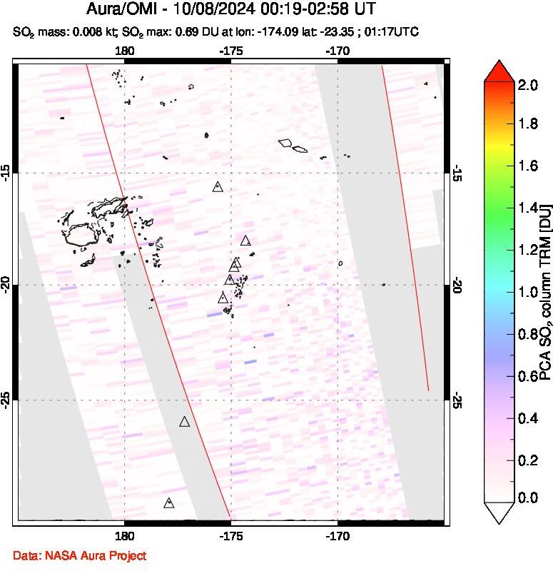 A sulfur dioxide image over Tonga, South Pacific on Oct 08, 2024.