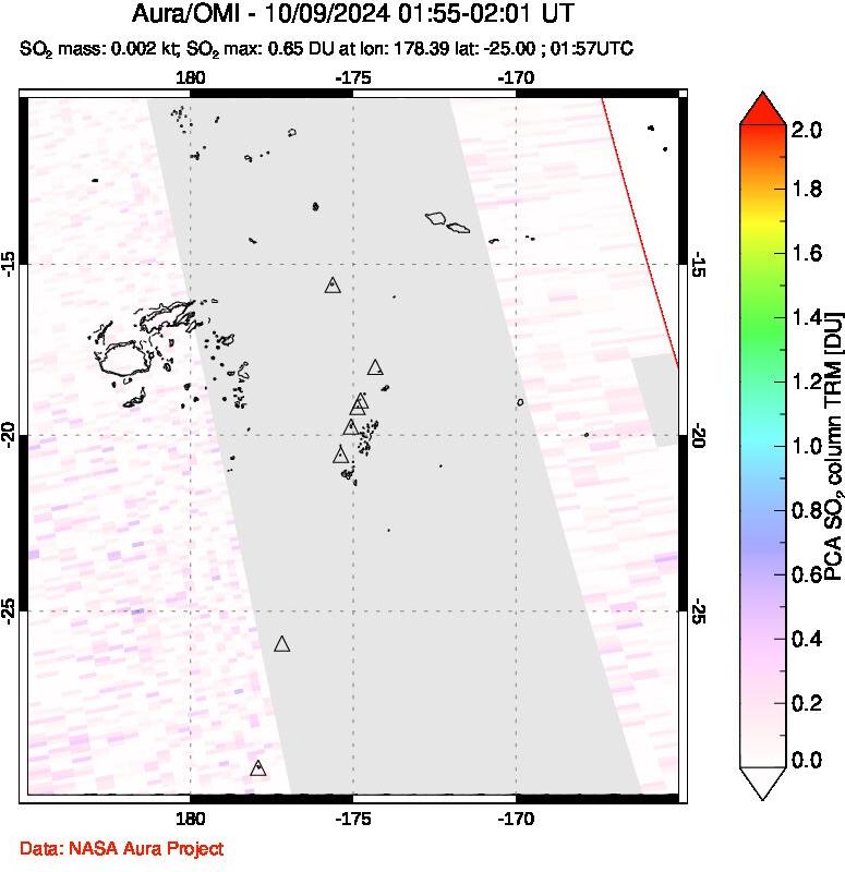 A sulfur dioxide image over Tonga, South Pacific on Oct 09, 2024.