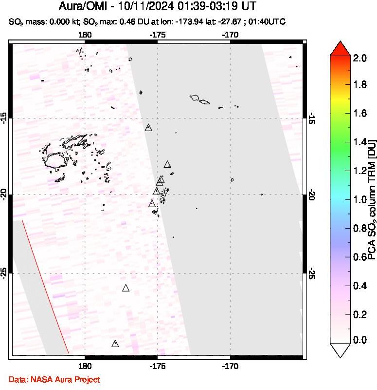 A sulfur dioxide image over Tonga, South Pacific on Oct 11, 2024.