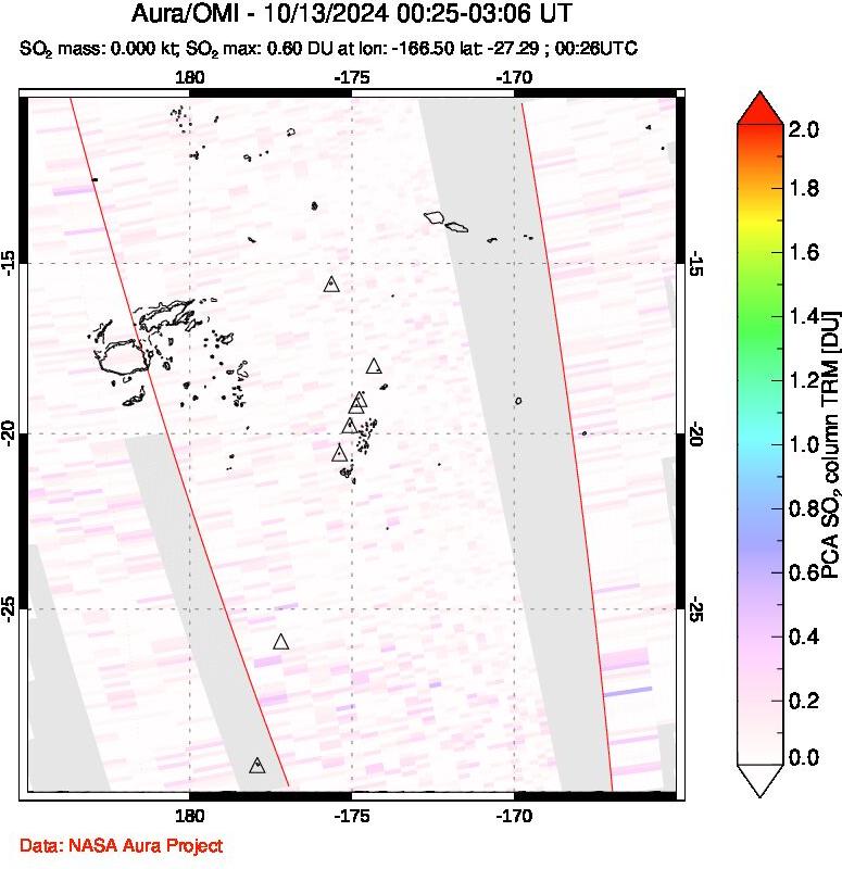 A sulfur dioxide image over Tonga, South Pacific on Oct 13, 2024.