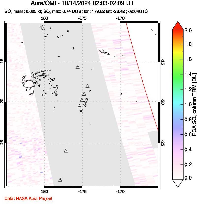 A sulfur dioxide image over Tonga, South Pacific on Oct 14, 2024.