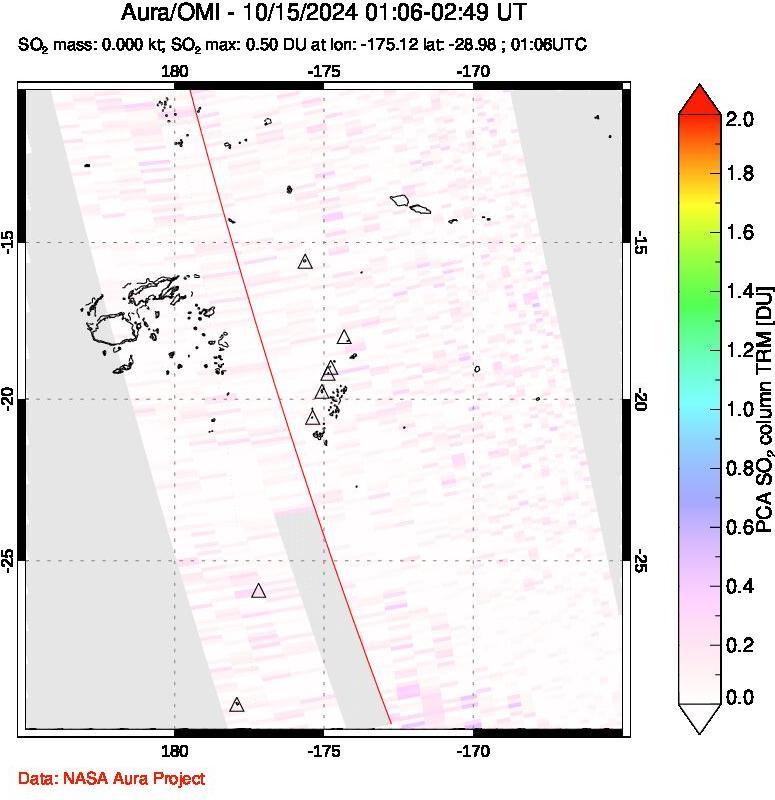 A sulfur dioxide image over Tonga, South Pacific on Oct 15, 2024.