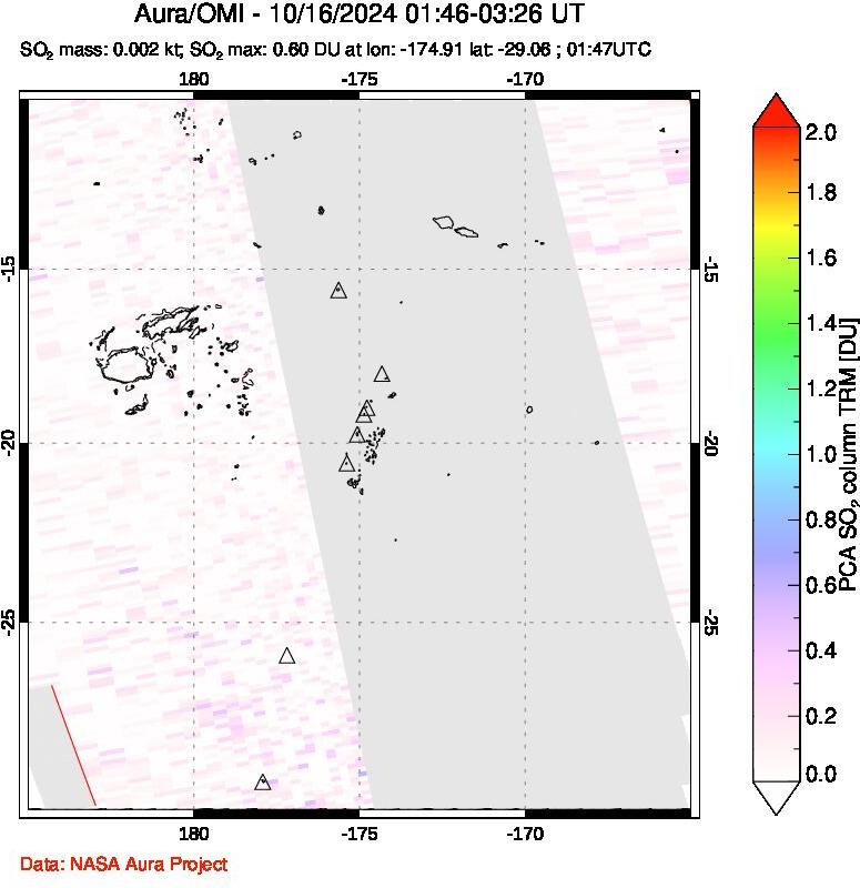 A sulfur dioxide image over Tonga, South Pacific on Oct 16, 2024.