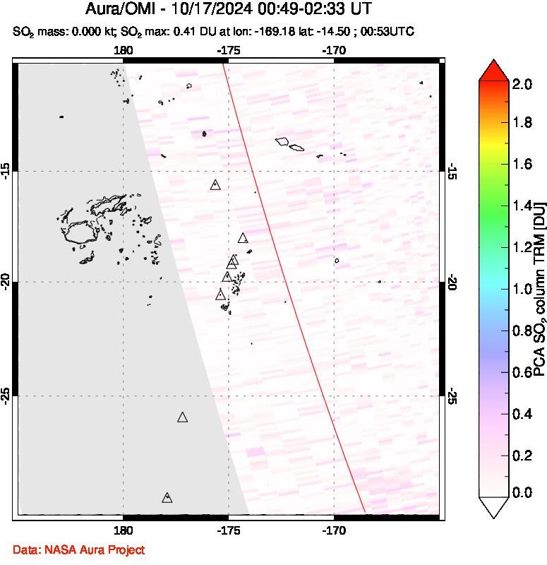 A sulfur dioxide image over Tonga, South Pacific on Oct 17, 2024.