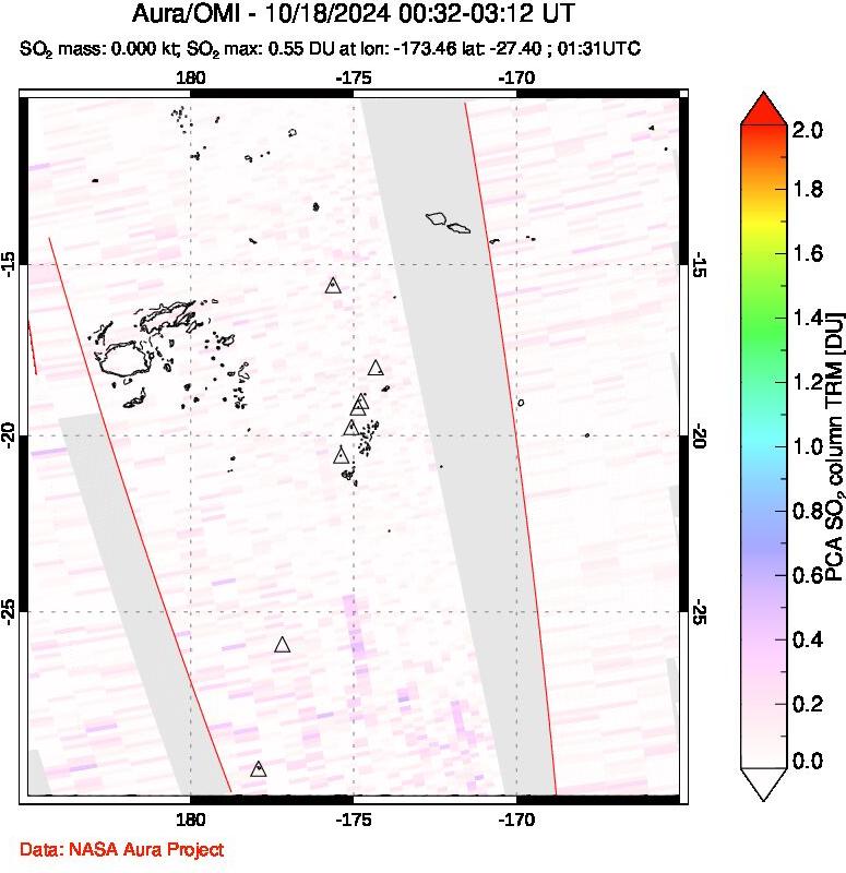 A sulfur dioxide image over Tonga, South Pacific on Oct 18, 2024.