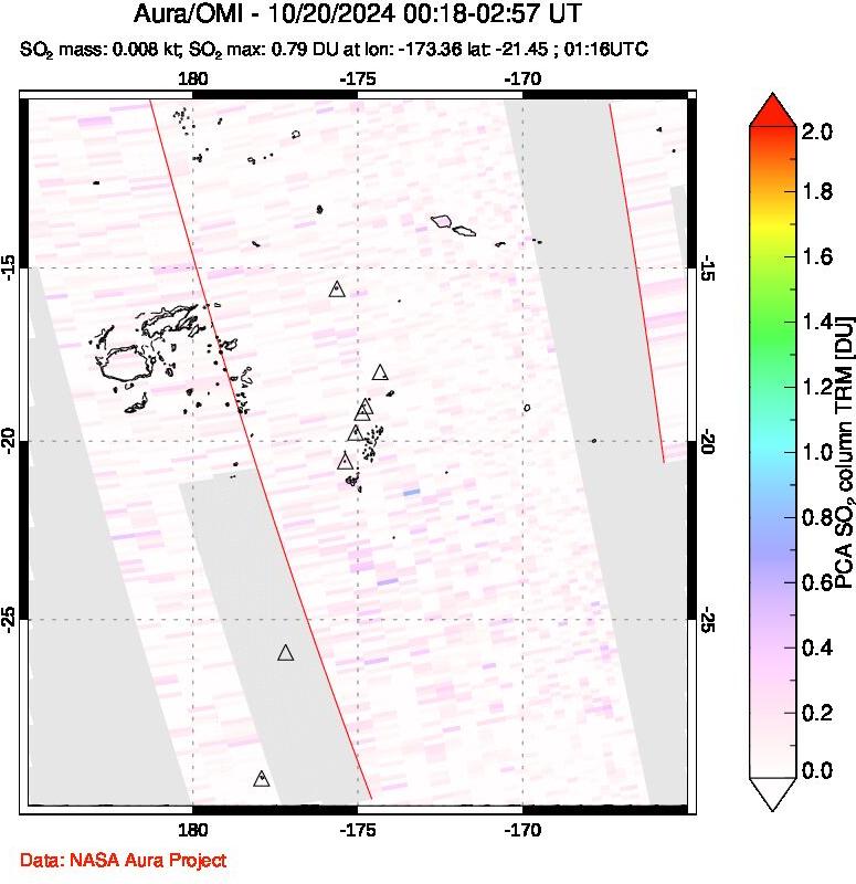 A sulfur dioxide image over Tonga, South Pacific on Oct 20, 2024.