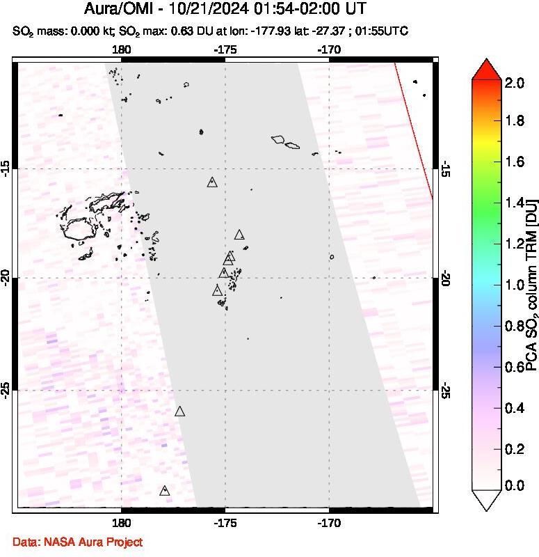 A sulfur dioxide image over Tonga, South Pacific on Oct 21, 2024.