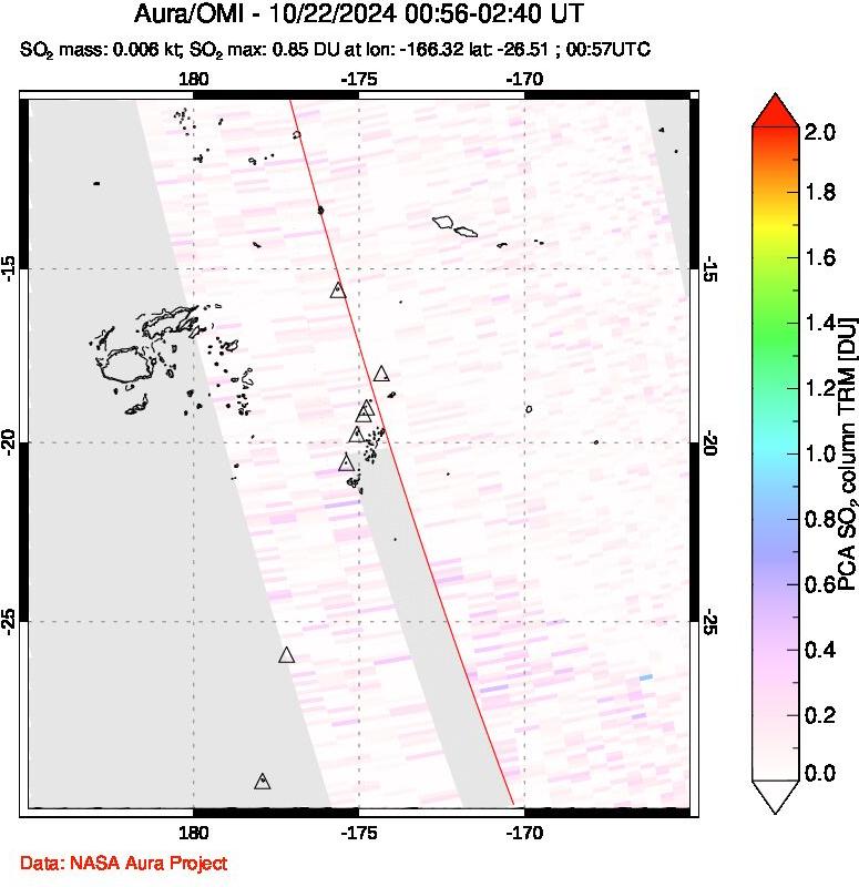 A sulfur dioxide image over Tonga, South Pacific on Oct 22, 2024.