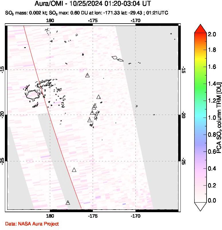 A sulfur dioxide image over Tonga, South Pacific on Oct 25, 2024.