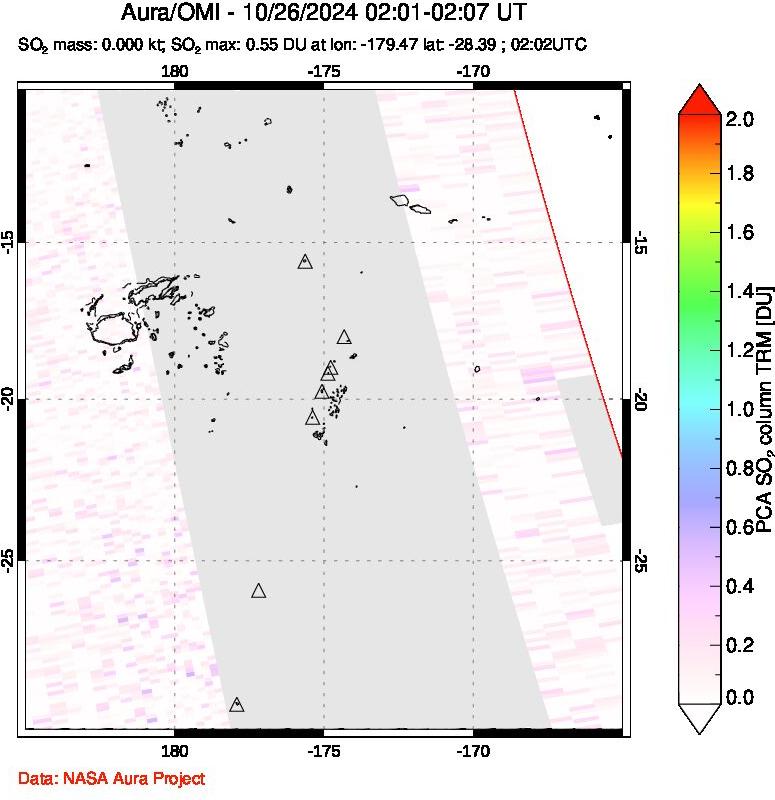 A sulfur dioxide image over Tonga, South Pacific on Oct 26, 2024.