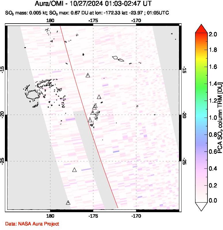 A sulfur dioxide image over Tonga, South Pacific on Oct 27, 2024.