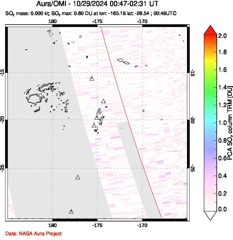 A sulfur dioxide image over Tonga, South Pacific on Oct 29, 2024.