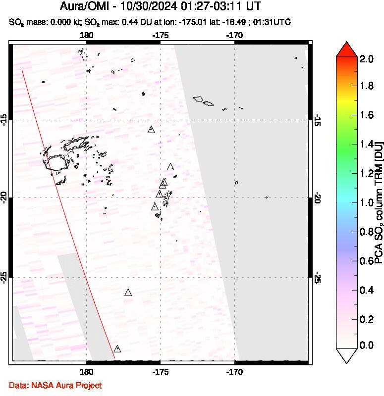 A sulfur dioxide image over Tonga, South Pacific on Oct 30, 2024.