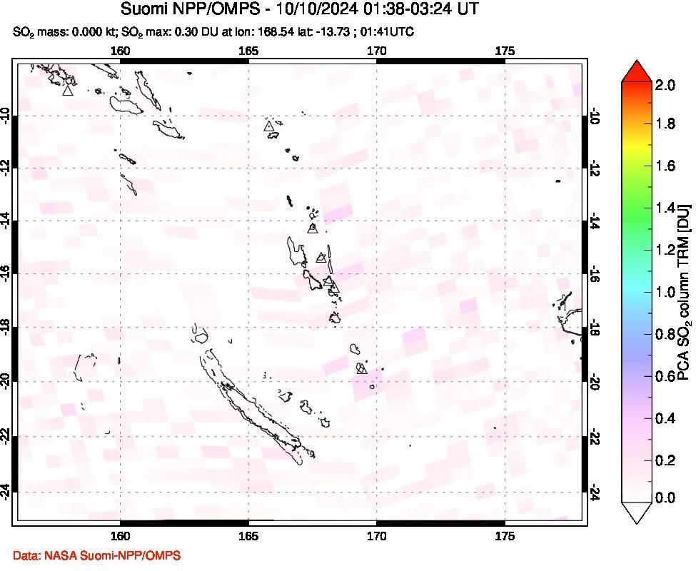 A sulfur dioxide image over Vanuatu, South Pacific on Oct 10, 2024.