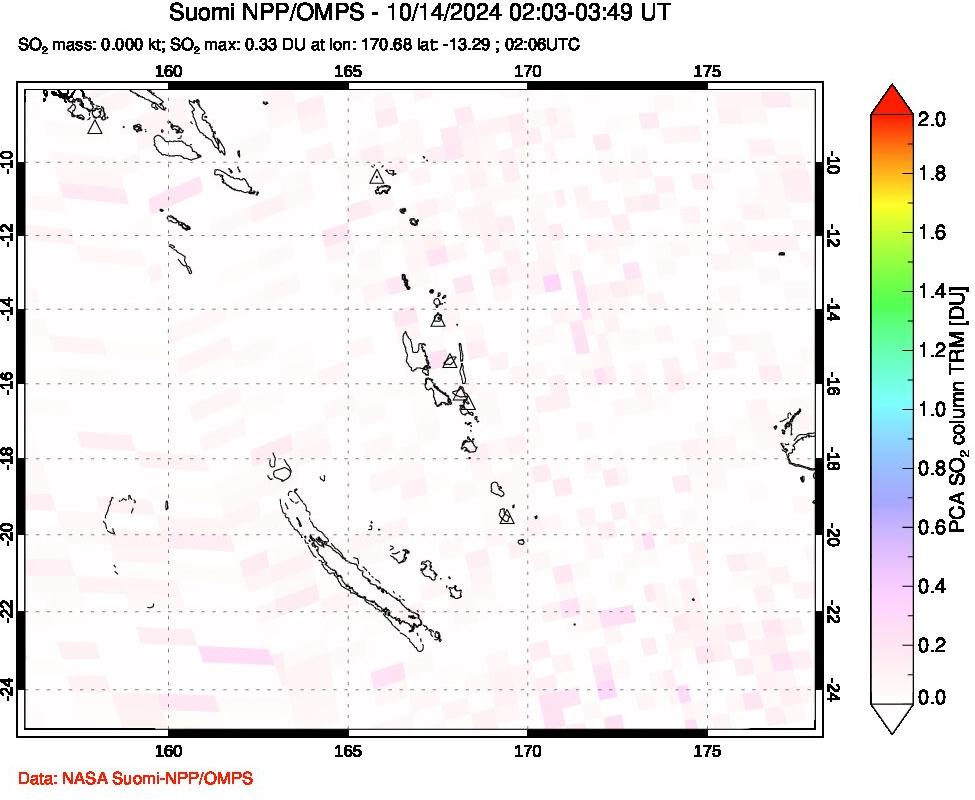 A sulfur dioxide image over Vanuatu, South Pacific on Oct 14, 2024.