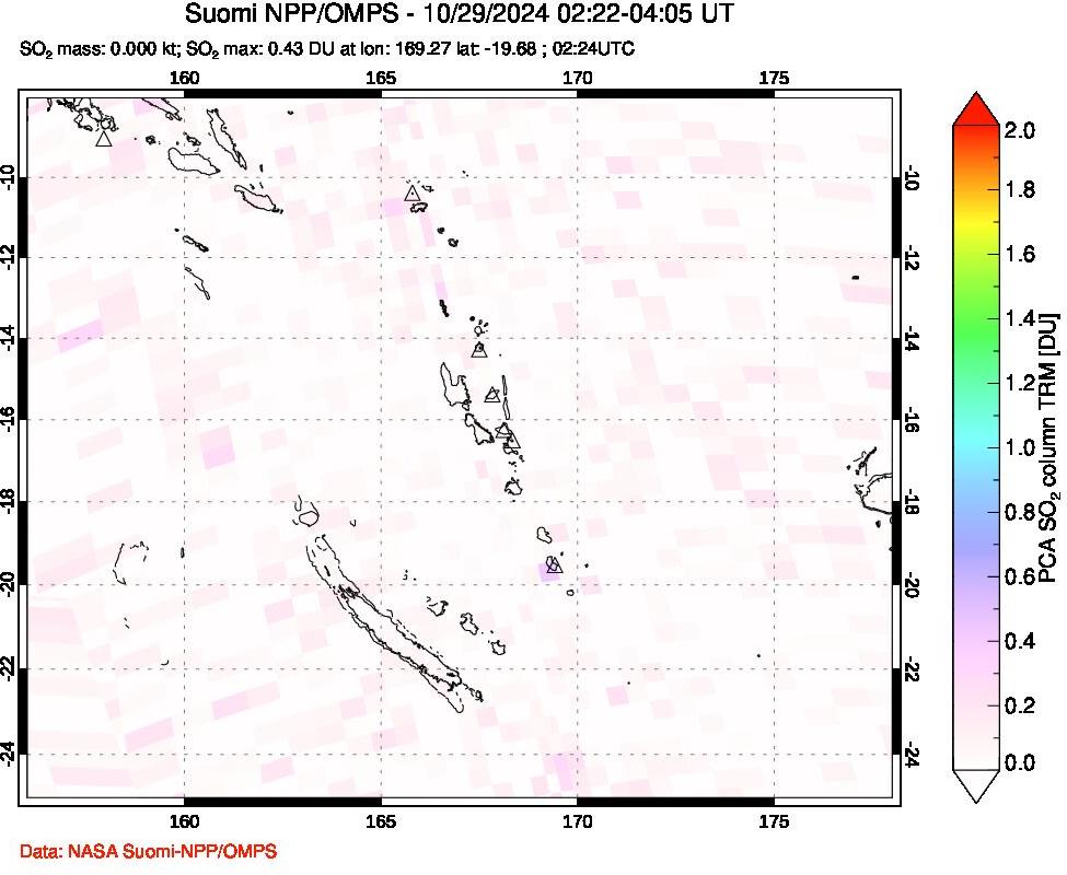 A sulfur dioxide image over Vanuatu, South Pacific on Oct 29, 2024.