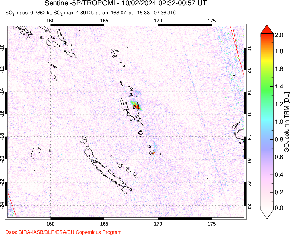 A sulfur dioxide image over Vanuatu, South Pacific on Oct 02, 2024.