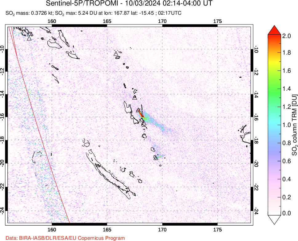 A sulfur dioxide image over Vanuatu, South Pacific on Oct 03, 2024.