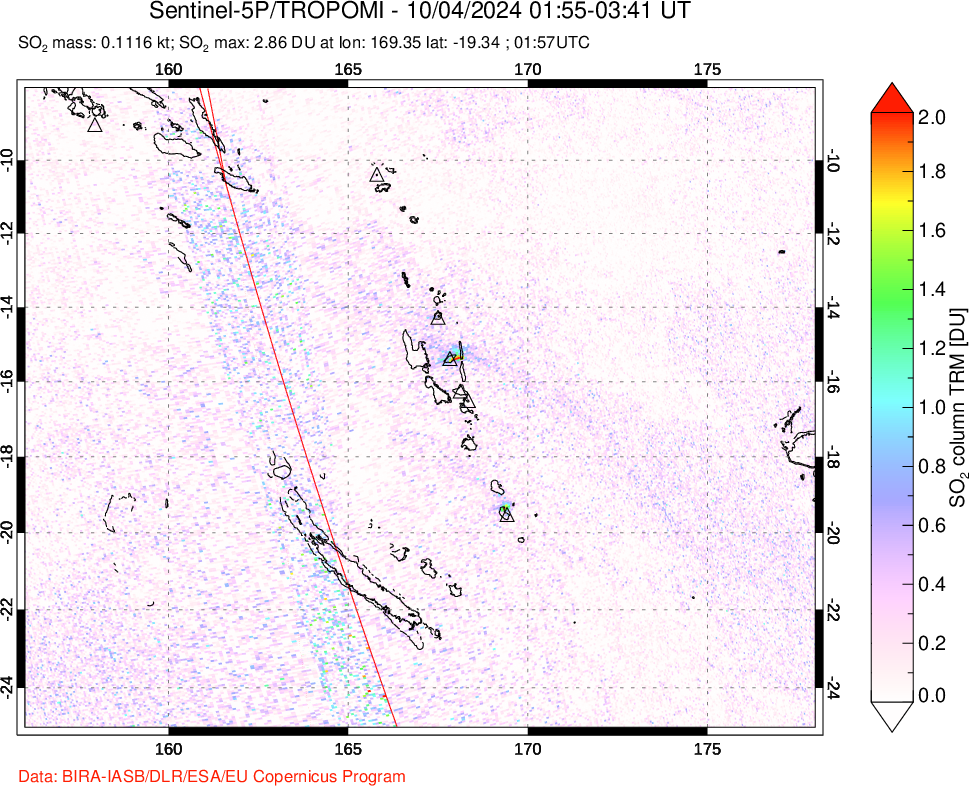 A sulfur dioxide image over Vanuatu, South Pacific on Oct 04, 2024.