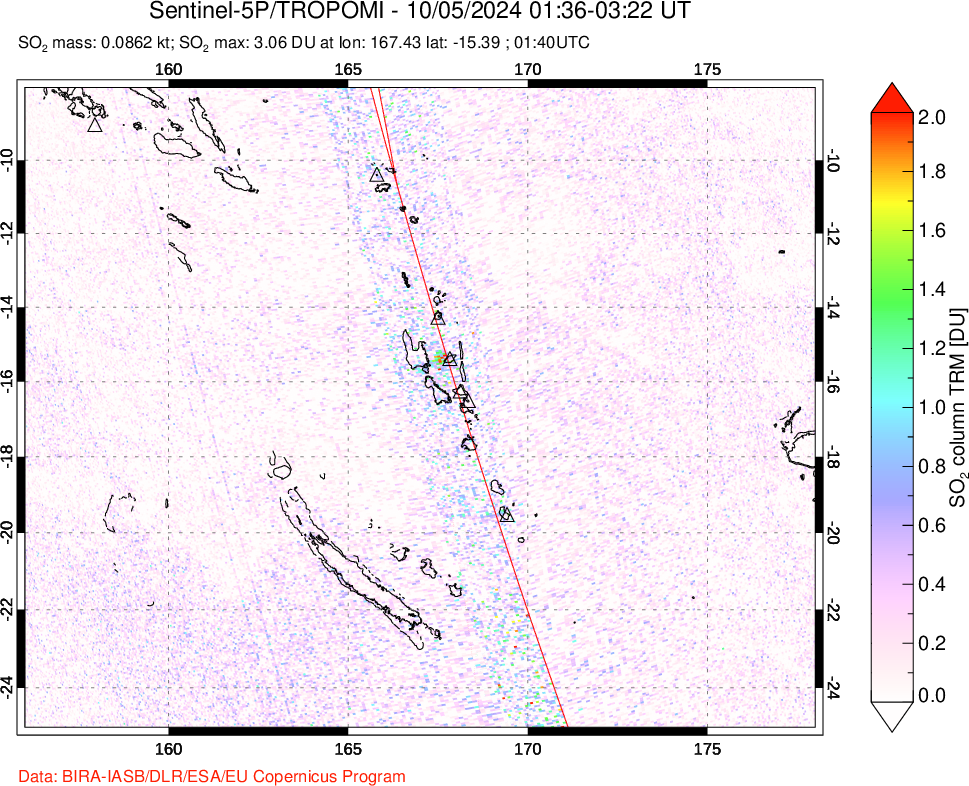 A sulfur dioxide image over Vanuatu, South Pacific on Oct 05, 2024.