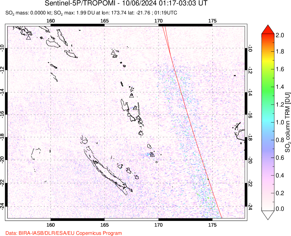 A sulfur dioxide image over Vanuatu, South Pacific on Oct 06, 2024.