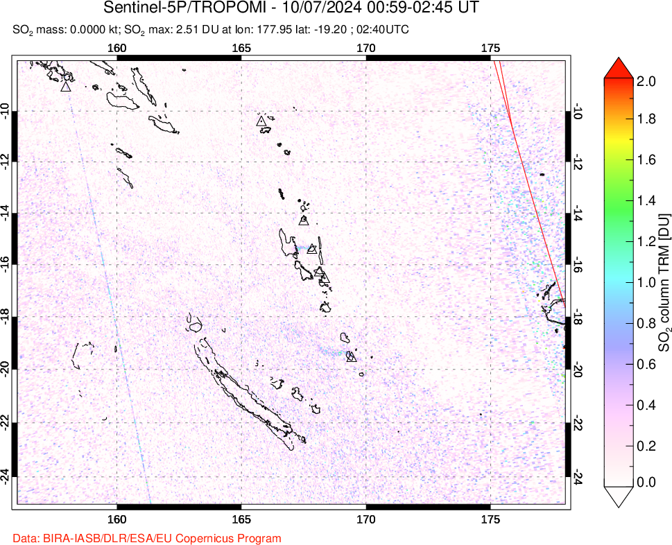 A sulfur dioxide image over Vanuatu, South Pacific on Oct 07, 2024.