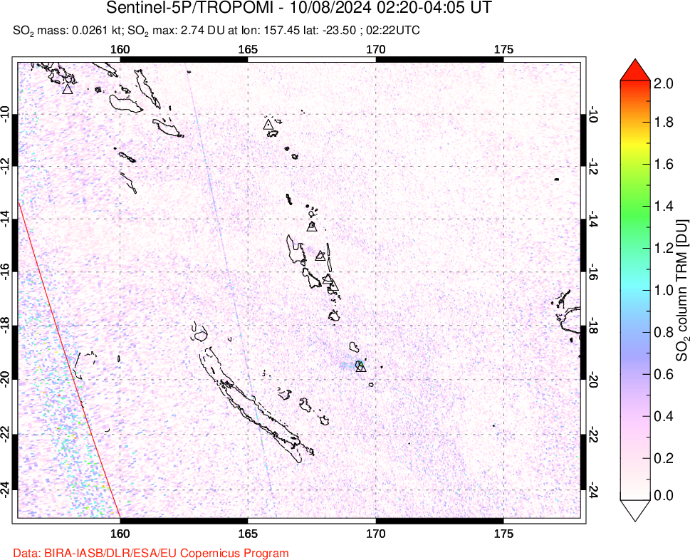 A sulfur dioxide image over Vanuatu, South Pacific on Oct 08, 2024.