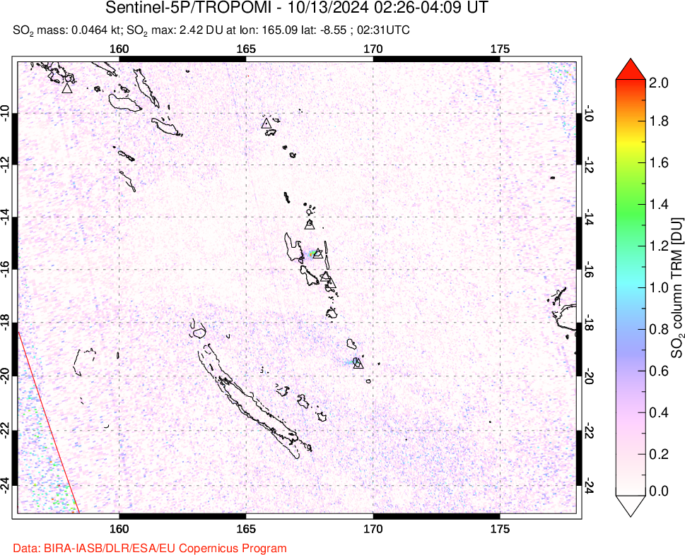 A sulfur dioxide image over Vanuatu, South Pacific on Oct 13, 2024.