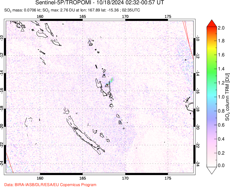 A sulfur dioxide image over Vanuatu, South Pacific on Oct 18, 2024.