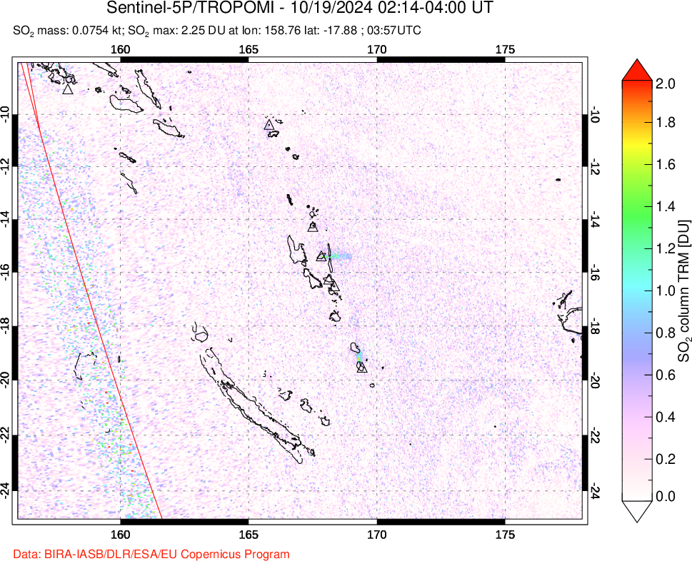 A sulfur dioxide image over Vanuatu, South Pacific on Oct 19, 2024.