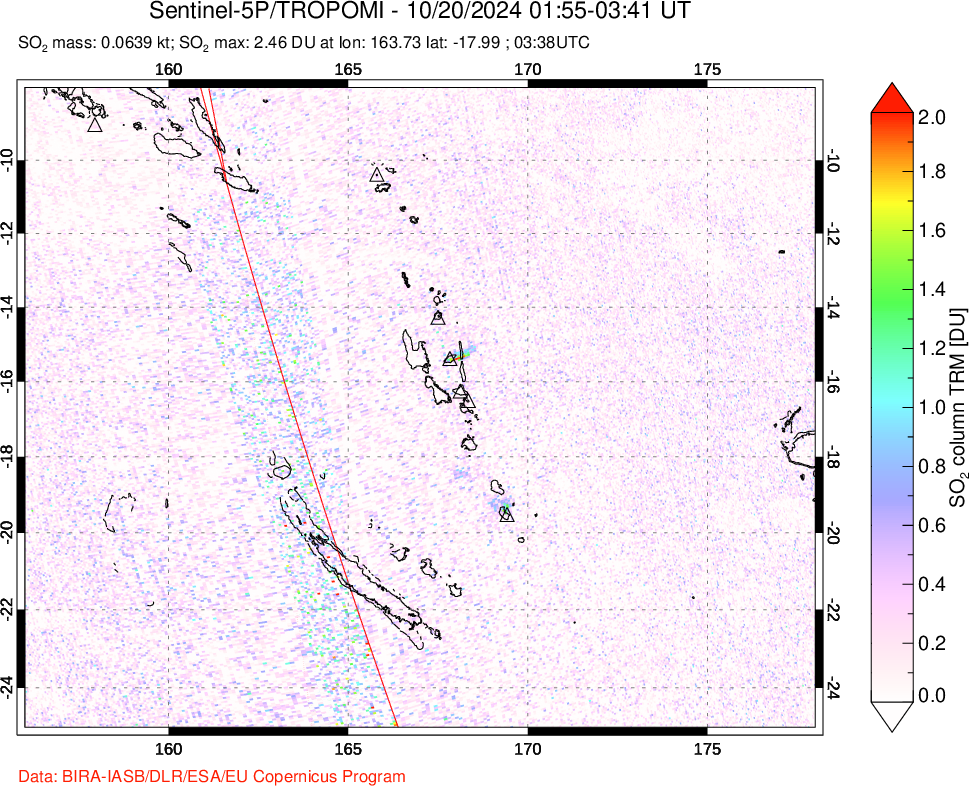 A sulfur dioxide image over Vanuatu, South Pacific on Oct 20, 2024.