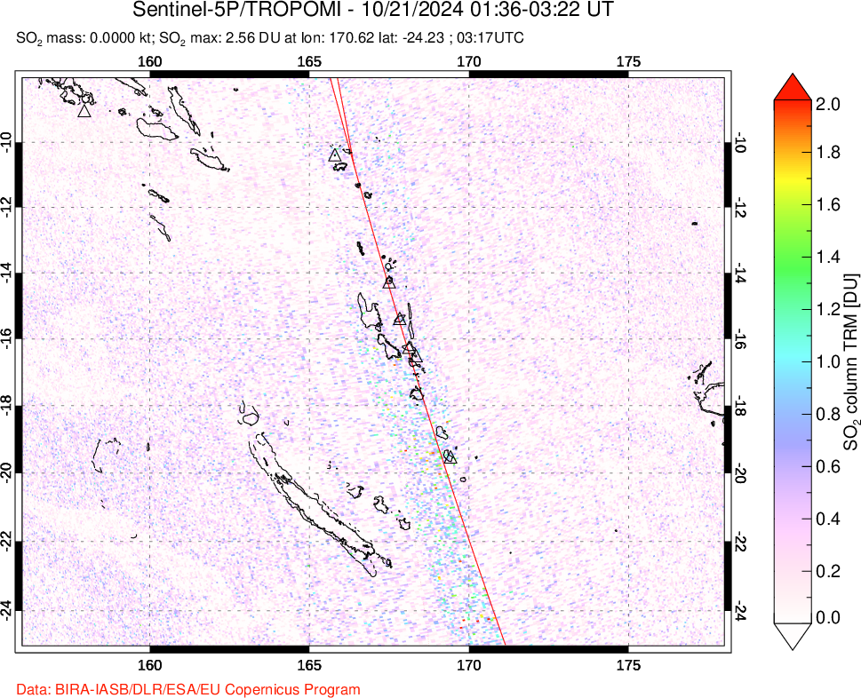 A sulfur dioxide image over Vanuatu, South Pacific on Oct 21, 2024.