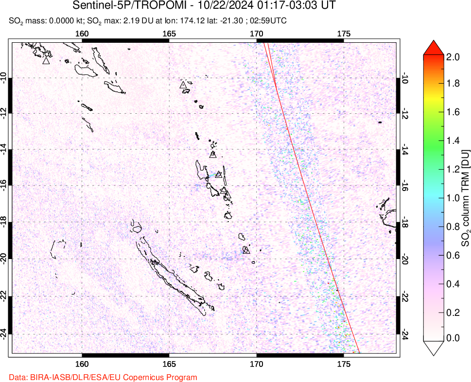 A sulfur dioxide image over Vanuatu, South Pacific on Oct 22, 2024.