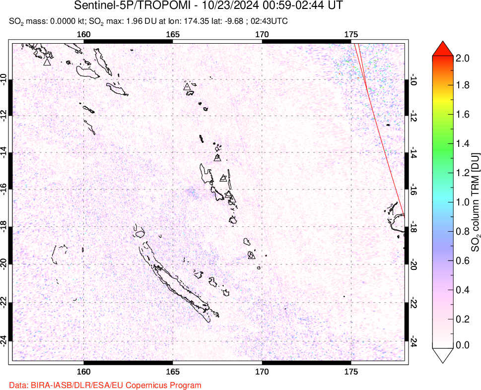 A sulfur dioxide image over Vanuatu, South Pacific on Oct 23, 2024.