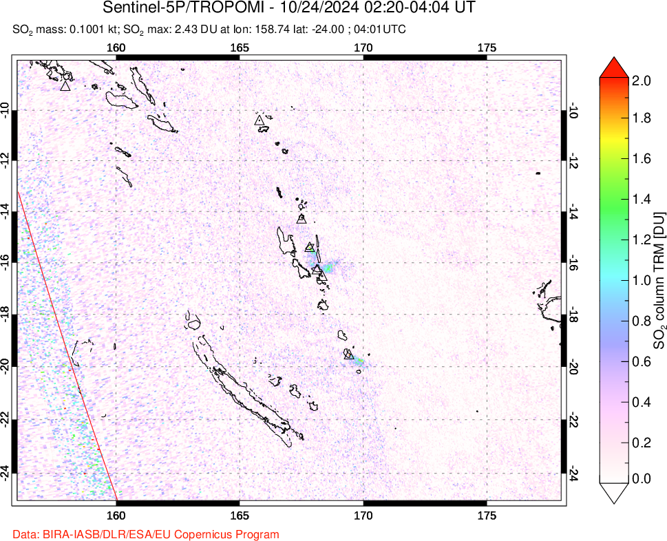 A sulfur dioxide image over Vanuatu, South Pacific on Oct 24, 2024.